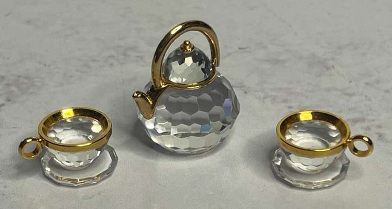 Gold Rimmed Swarovski Crystal Miniature Teapot and Two Cups with Saucers