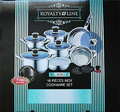 Royalty Line 16-Piece Stainless Steel Cookware Set Glass Lid RL-16BG-C