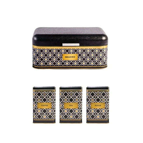 Totally Home Rectangular Bread Bin And 3 Piece Canister Set (Coffee, Tea& Sugar) - Black