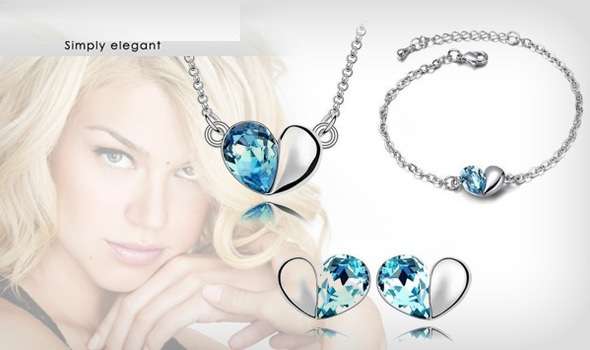 18KT GP white gold Plated Austrian crystals fashion Pendant heart Earrings+necklace+bracelet set