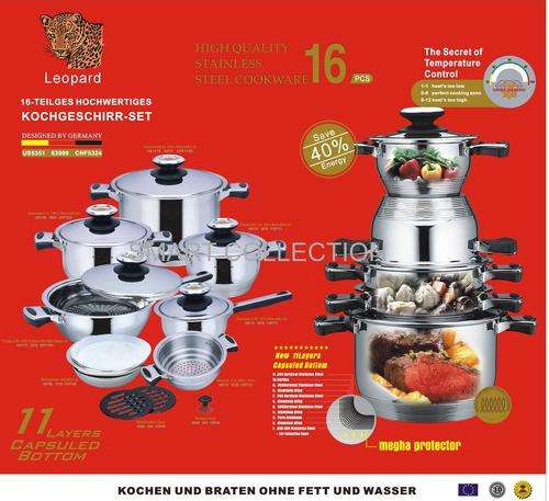 German Design - 16 PC Stainless Steel 18/10, 11 Layer Capsuled Set with Thermostat lids