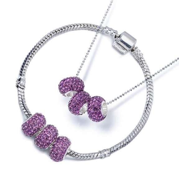 Swarovski Crystal Elements Charm Beads Necklace & Bangle Bracelet Set in Pandora Style