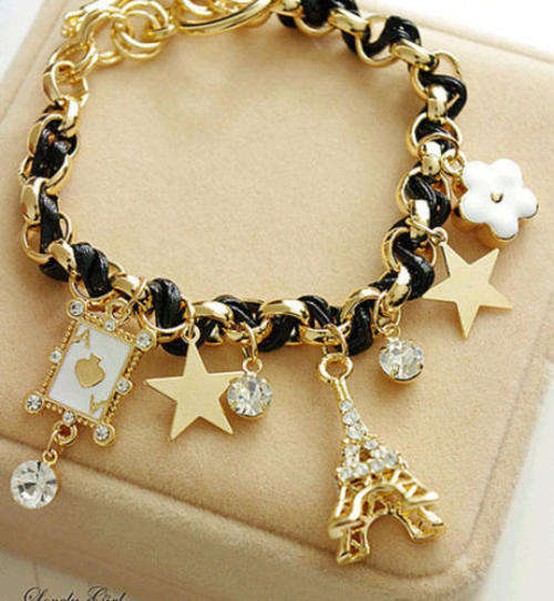 **Beautiful Multi-element Gold Chain Leather Rope Crystal Handmade Bracelet**