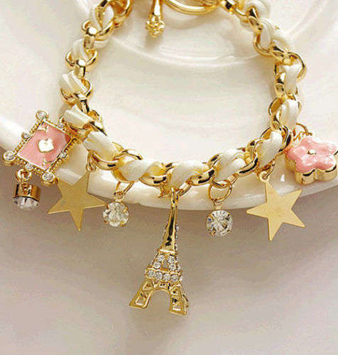 **Beautiful Multi-element Gold Chain Leather Rope Crystal Handmade Bracelet**