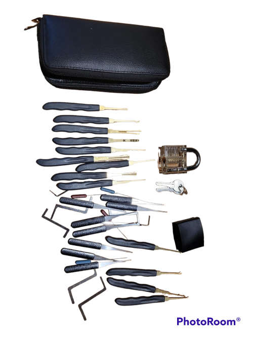 Lock Pick Tool Set 32 Tools with Storage Bag and Practice Transparent Padlock