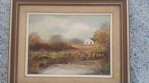 Dam,Road & House Autum colours, Oil on board, S Benhardi 290x215