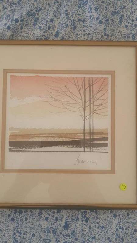 Trees in watercolor behind glass, by Galloway. 150x135