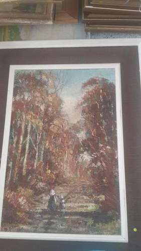 Woman & Child in forest. Oil on Hessian By CS Ballantine 400x600
