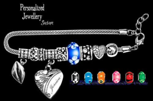 Personalized Pandora Bracelet with Victorian Heart Pendant, Glass Mood Bead & Charm