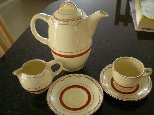 Clarice Cliff Coffee Pot,Milk Jug, One Cup & Two Saucers. 840076.