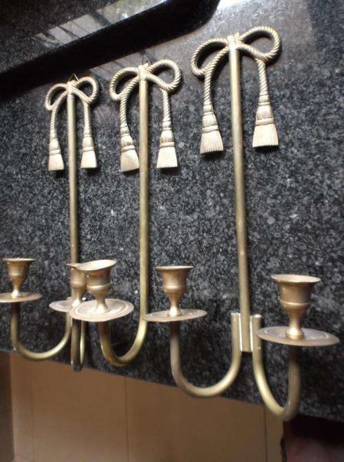 Set of three Brass Wall Candle Holders, Old. (Five Candle Holders)