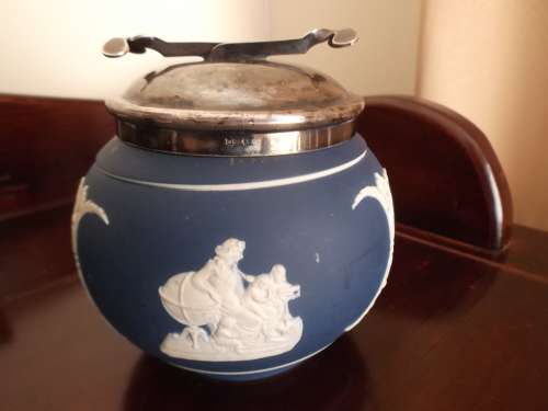 Adams Dark Blue Jasperware, Sugar Bowl with EPNS Integrated Tongs.