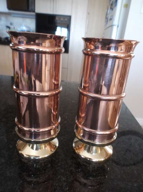 Stunning. Two 18cm Vases, Copper, Base Brass. Very different & Heavy 1.5kg