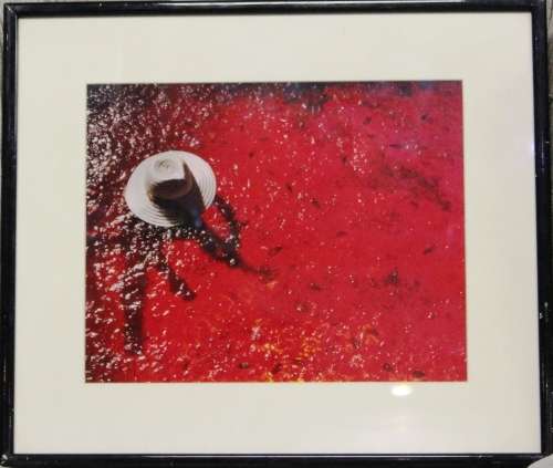 Framed office art - `Diving into red water` - the glass is cracked