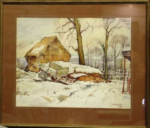Framed painting -`Snowed In` - artist - May Mancaton 1953