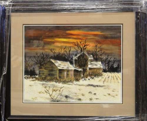 Framed painting - `Log Country House in Winter`