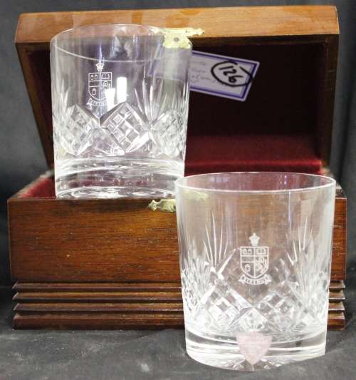 Strenue hand cut Somerset Crystal two glasses in wooden box