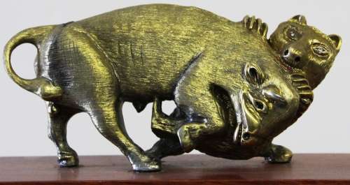 HANDMADE plated `Bull and Bear` carving mounted on a wooden block