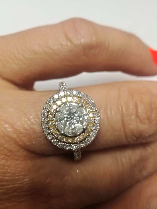 Illusion set two tone gold double halo diamond ring