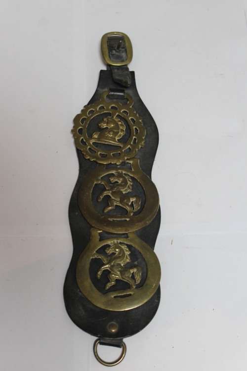 Horse medallions hung on leather