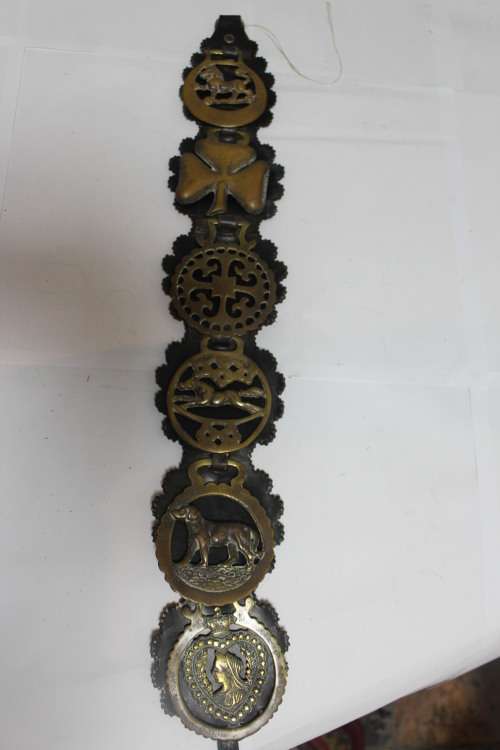 Horse medallions hung on leather