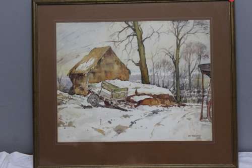 Framed painting -`Snowed In` - artist - May Mancaton 1953
