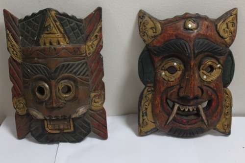 2 x Thai carved wooden masks
