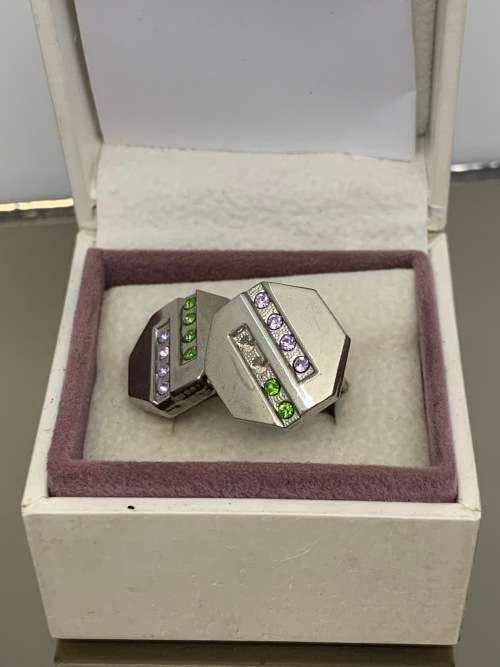 Stainless steel men`s cufflinks with coloured stones
