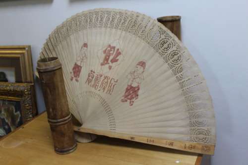 Asian Hand-Painted Fan in Bamboo Case - Sight Damage or 1 Connection