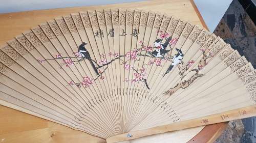 Asian Hand-Painted Fan in Bamboo Case - Sight Damage or 1 Connection