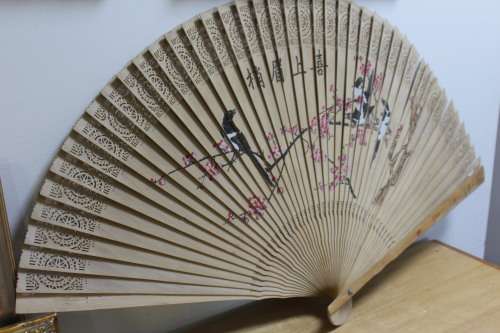 Asian Hand-Painted Fan in Bamboo Case - Sight Damage or 1 Connection