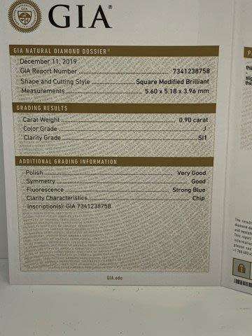 5.8gr platinum 0.90ct Square Modified Brilliant J SI1 with a GIA certificate