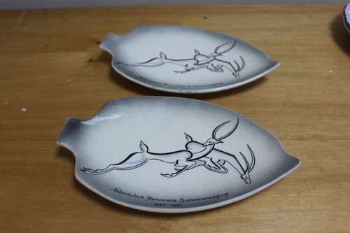 Two Leaf Shaped Ceramic Plates with Springboks printed on