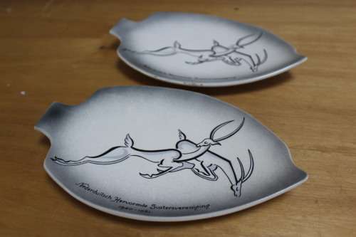 Two Leaf Shaped Ceramic Plates with Springboks printed on