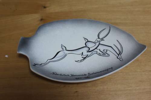 Two Leaf Shaped Ceramic Plates with Springboks printed on