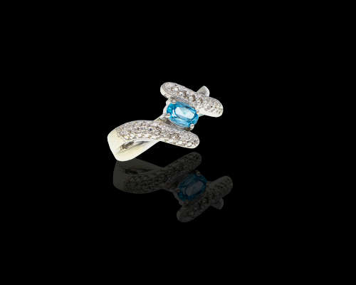 9kt, (4.5grams) White Gold, Blue Topaz and Diamond Ring