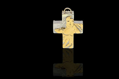 21.3 grams Two Tone ( Sterling Silver and 18 carat Gold) Garnet Designer Cross Pendant