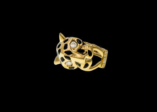 19 grams 18 carat Yellow Gold Diamond and Black Enamel Jaguar Ring