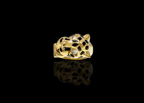 19 grams 18 carat Yellow Gold Diamond and Black Enamel Jaguar Ring