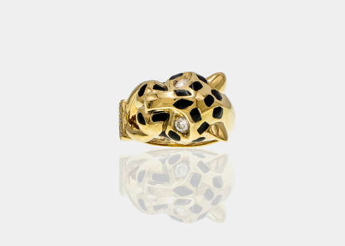 19 grams 18 carat Yellow Gold Diamond and Black Enamel Jaguar Ring