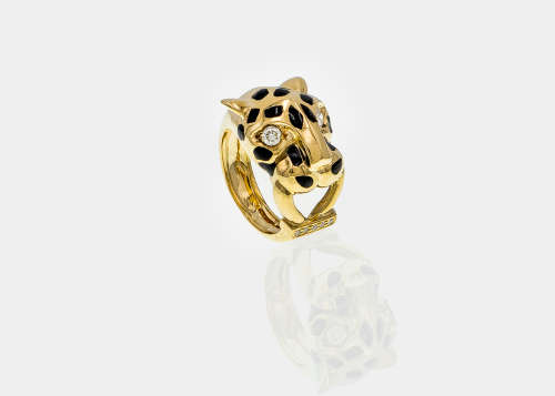19 grams 18 carat Yellow Gold Diamond and Black Enamel Jaguar Ring