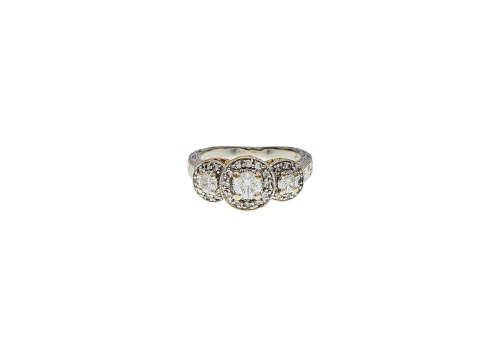 6.3 grams 18 carat Two Tone (White and Yellow Gold) Engraved Halo Trilogy Ring