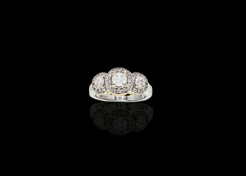 6.3 grams 18 carat Two Tone (White and Yellow Gold) Engraved Halo Trilogy Ring