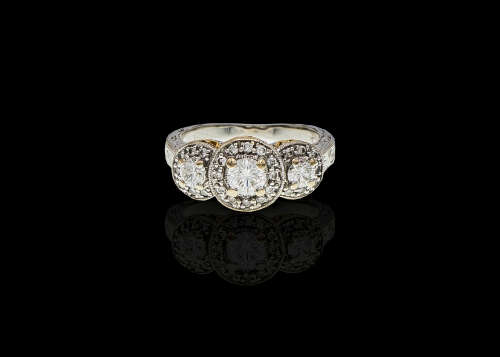 6.3 grams 18 carat Two Tone (White and Yellow Gold) Engraved Halo Trilogy Ring