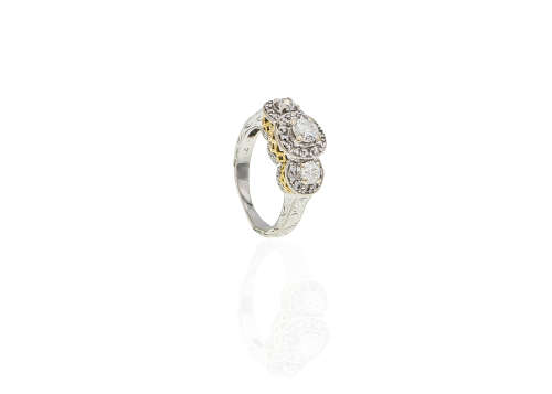 6.3 grams 18 carat Two Tone (White and Yellow Gold) Engraved Halo Trilogy Ring