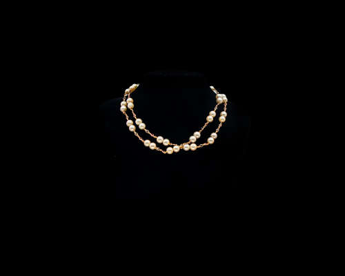 47.9 grams (total weight) 14 carat Yellow Gold Pearl and Precious Stone Double Row Necklace
