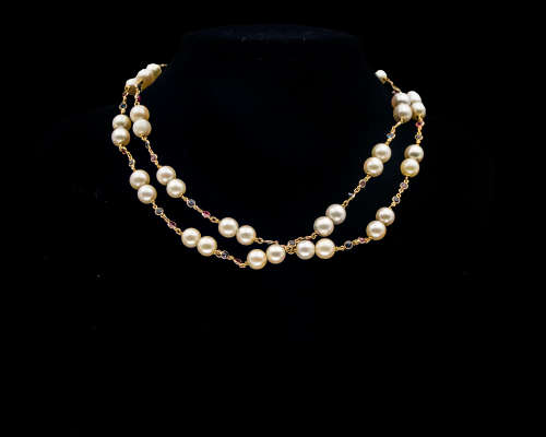 47.9 grams (total weight) 14 carat Yellow Gold Pearl and Precious Stone Double Row Necklace