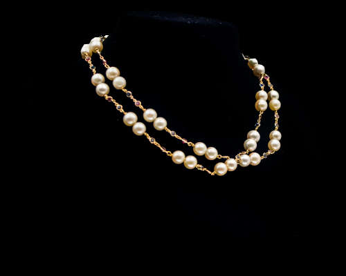 47.9 grams (total weight) 14 carat Yellow Gold Pearl and Precious Stone Double Row Necklace