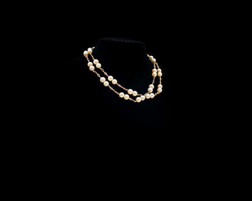 47.9 grams (total weight) 14 carat Yellow Gold Pearl and Precious Stone Double Row Necklace