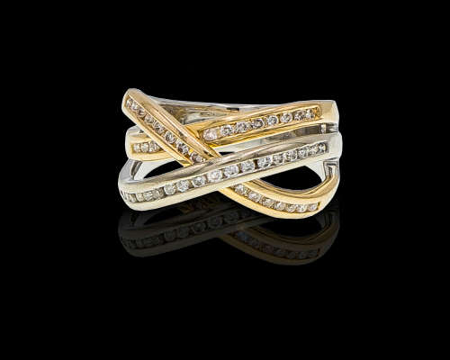 7.1 grams 14 carat Two Tone (White and Yellow Gold) Diamond Crossover Half Eternity Ring